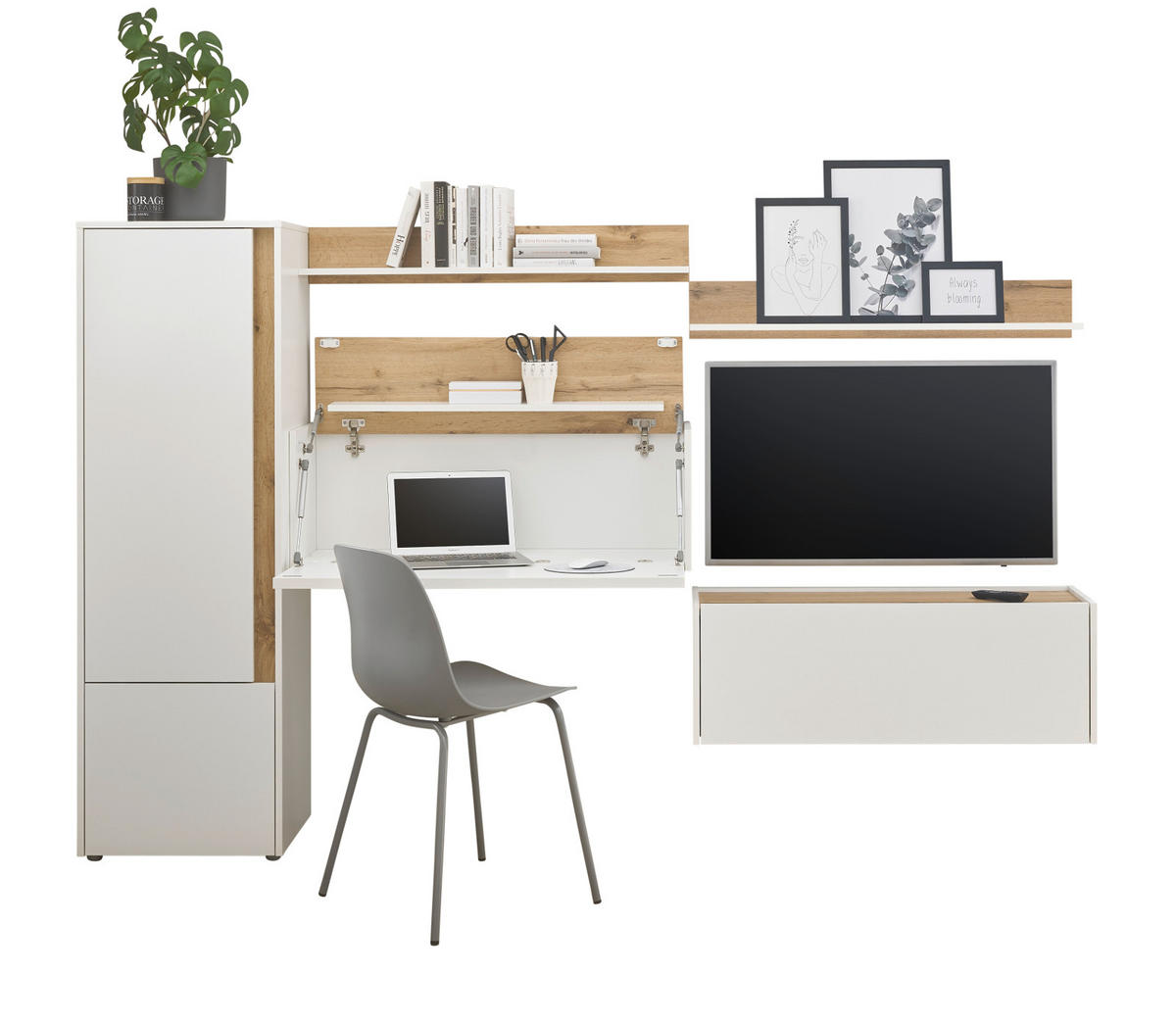 WOHNWAND Sekretär weiß, Wotan Eiche, Wohnkombination 5-teilig 250 cm - Silberfarben/Eiche Wotan, Holzwerkstoff/Kunststoff (250/157/40cm) - Furn.Design