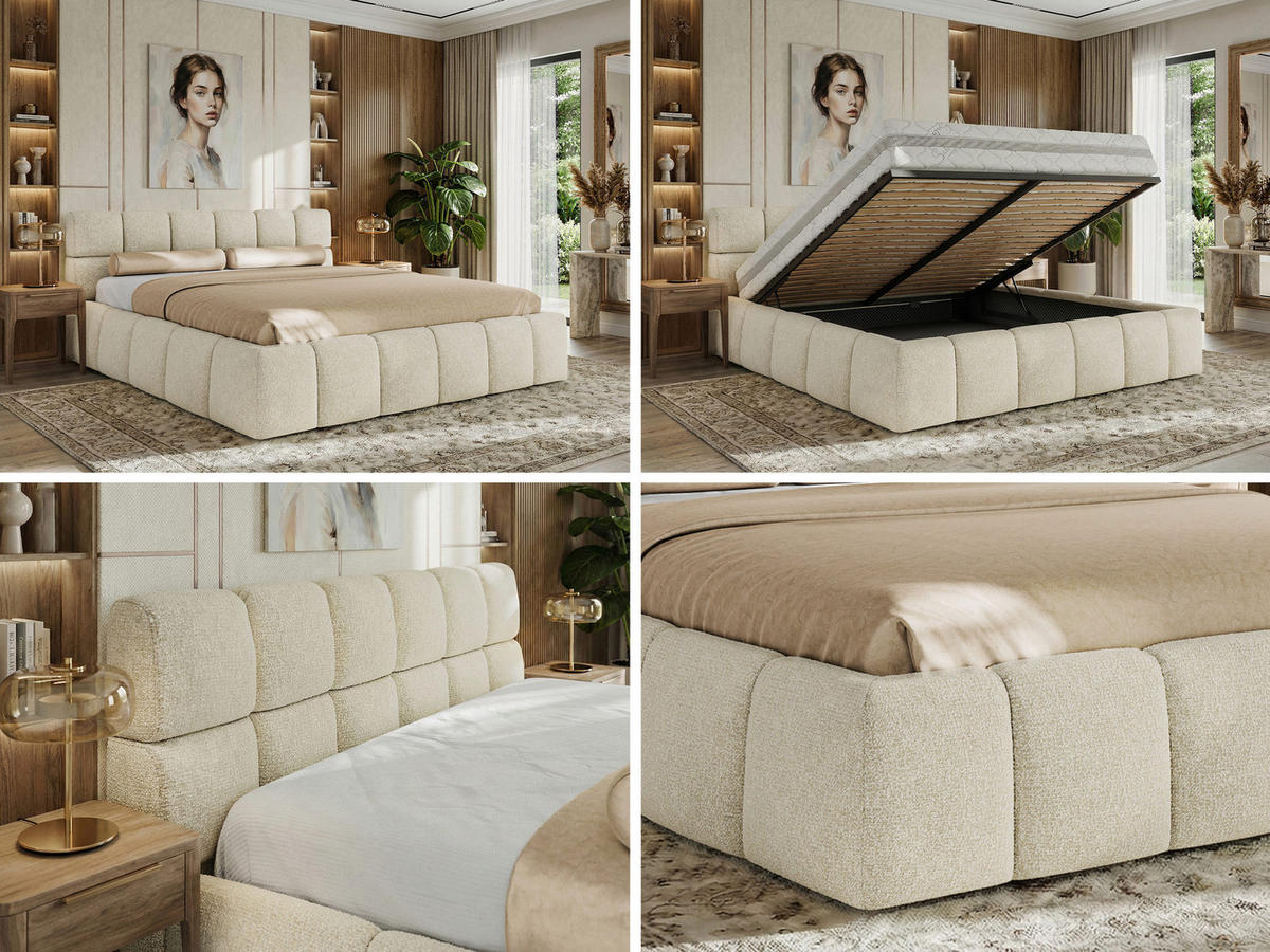 POLSTERBETT NIRA CLASSIC 200/200 - Creme Strukture - Multipocket-Matratze - Creme, Textil (200/200cm) - MKS