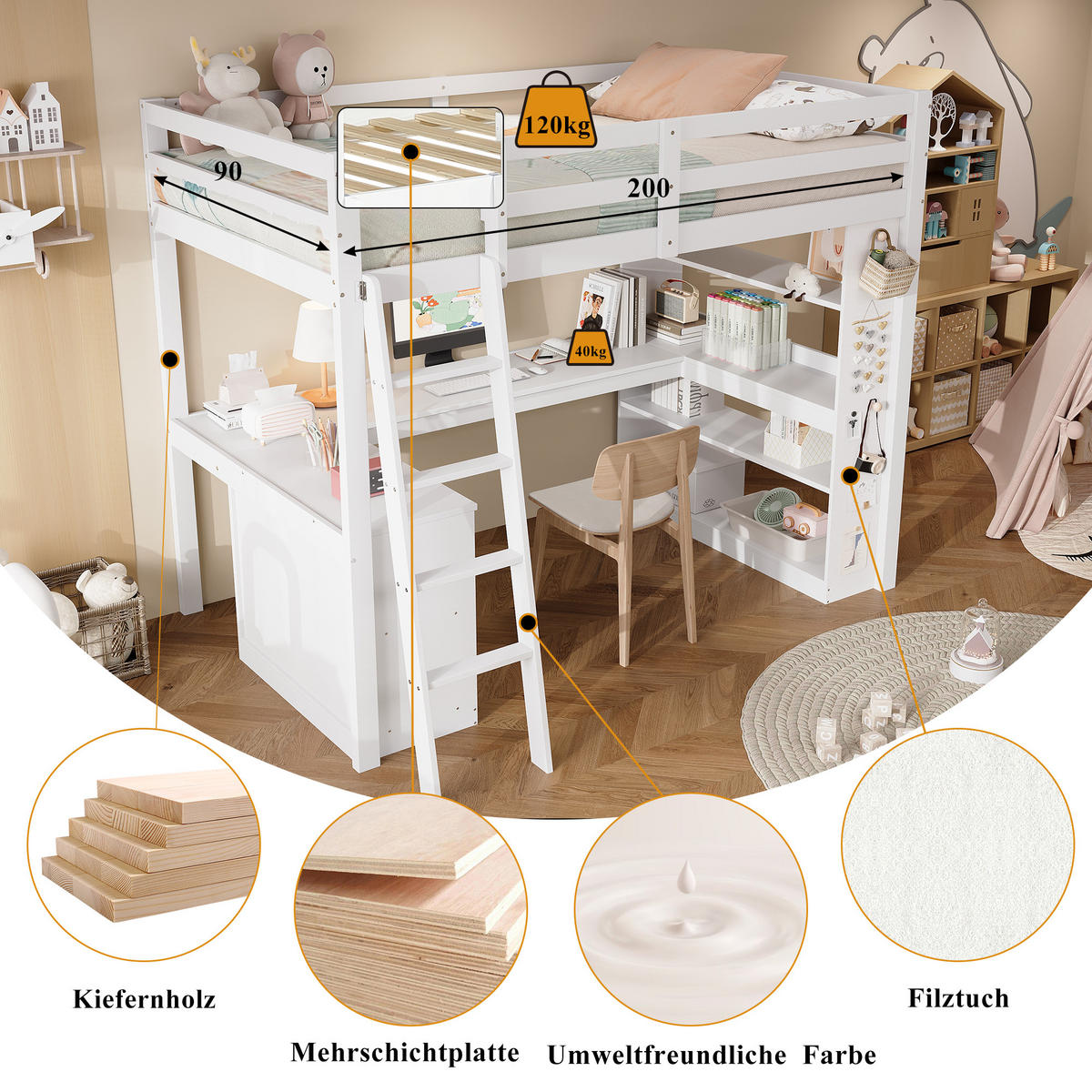 HOCHBETT 90/200 cm weiß aus Kiefer mit Ablageregal und Filztuch - Weiß, Holz (90/200cm) - OKWISH