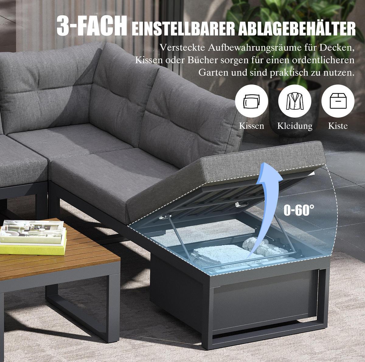 GARTENLOUNGE 191,5/191,5/79 cm mit 3-fach verstellbarer Rückenlehne, Liegefunktion und Stauraum, Polyester, Grau - Grau, Textil - Redom
