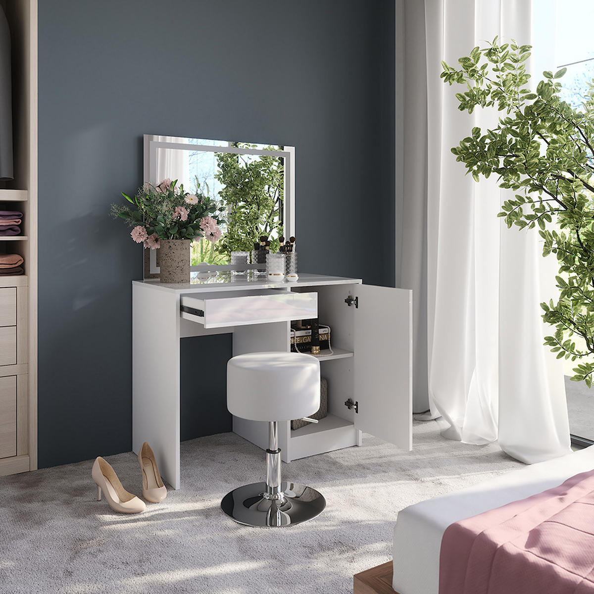 SCHMINKTISCH Sherry Weiß/Weiß Hochglanz 89.8 cm mit LED-Spiegel und Hocker - Weiß Hochglanz, Holzwerkstoff (89.8/76/50.1cm) - Vicco