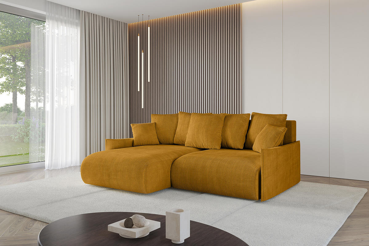 ECKSOFA mit Schlaffunktion und Bettkasten ONESK-L -v1 208x165x40 Senfgelb Cord - Currygelb, Holzwerkstoff/Kunststoff (208/165cm) - ALTDECOR