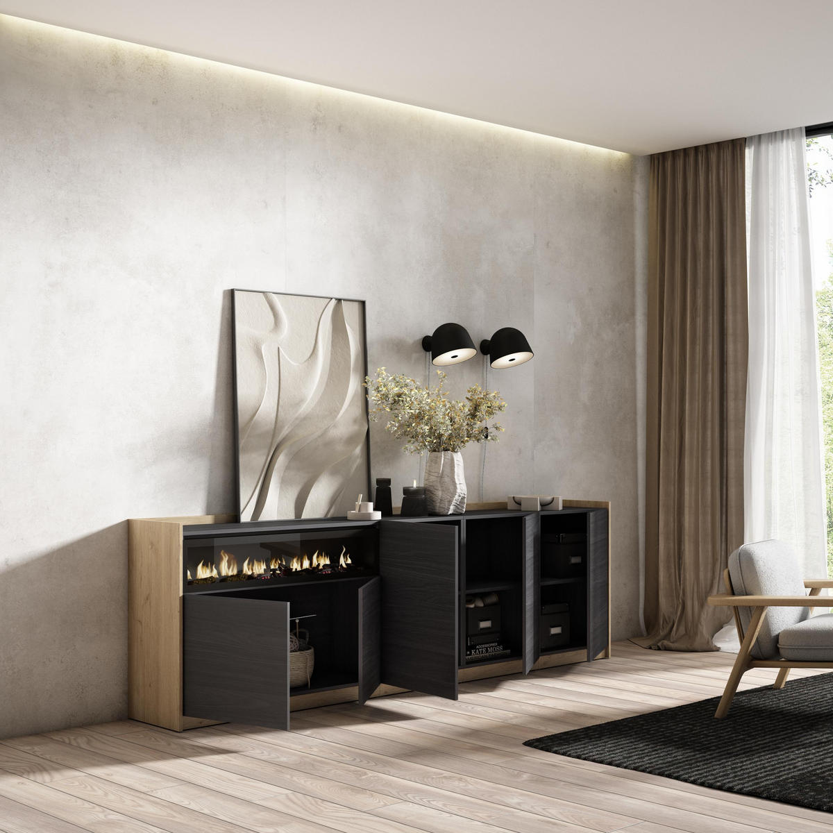SIDEBOARD, Highboard, Schwarz Eiche, Elektrokamin, 260/37/80cm - Schwarz, Holzwerkstoff (260/80/37cm) - Skraut Home
