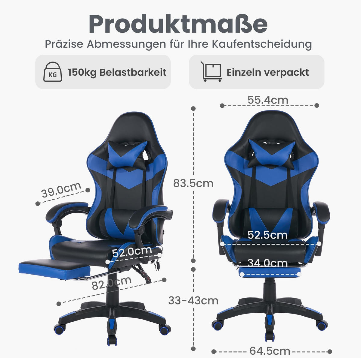 STUHL B64 / T58 / H116.5-126 cm,, Rennsport-Design, 360° drehbar und höhenverstellbar, Schwarz und Blau - Blau, Kunststoff (58/116.5/64.5cm) - Redom