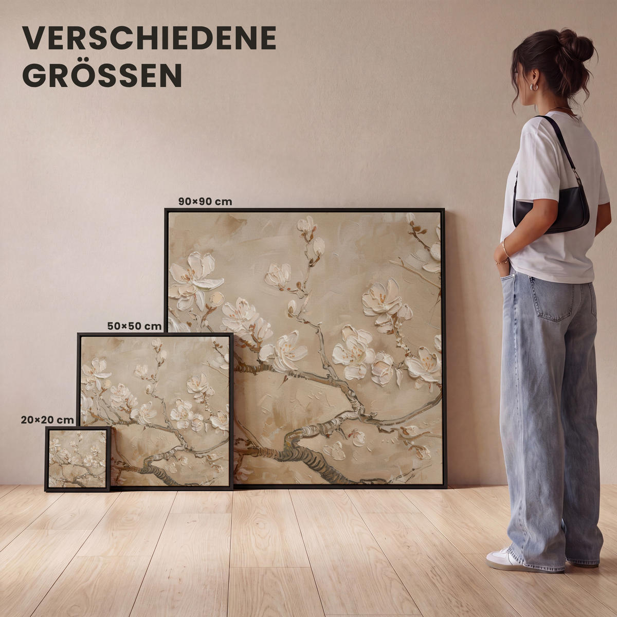 LEINWAND Bilder mit Rahmen - Blumen - Modern - Beige - Weiß - Blüte - 90x90 - Beige, Textil (90/90cm) - MuchoWow