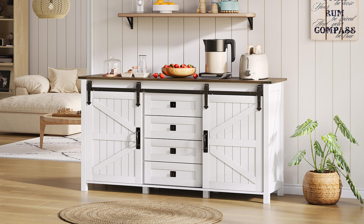 SIDEBOARD im modernen Landhausstil mit 2 Schiebetüren und 4 Schubladen, MDF, 137/40/81,5 cm, Weiß - Weiß, Holzwerkstoff (137/81.5/40cm) - Redom