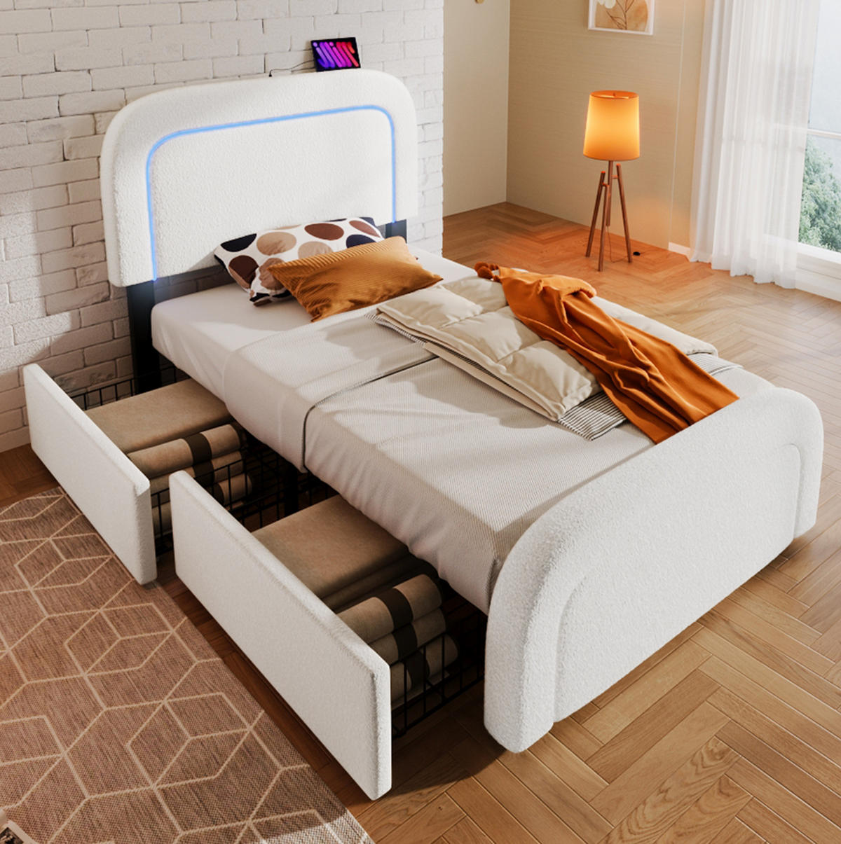 POLSTERBETT 90/200 cm Weiß mit USB- und Type-C-Anschlüssen und LED-Beleuchtung - Weiß, Textil (90/200cm) - OKWISH
