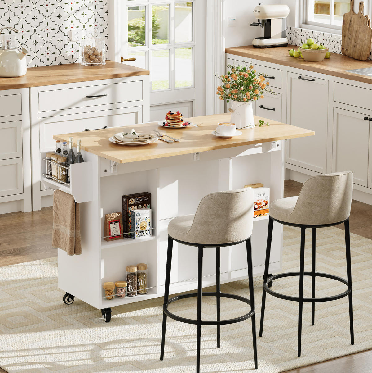 KÜCHENWAGEN mit klappbarer Arbeitsplatte, Schublade und Schränken, White+Natural - Weiß, Holz (67.5/92.8/136.5cm) - Beauniv