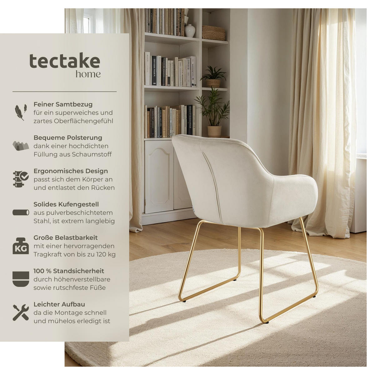 ESSZIMMERSTUHL Jeane,57 x 61 x 85,5 cm, Belastbarkeit 120 kg,Samtoptik creme/gold - Goldfarben/Samtahornfarben, Kunststoff (57/85.5/61cm) - tectake