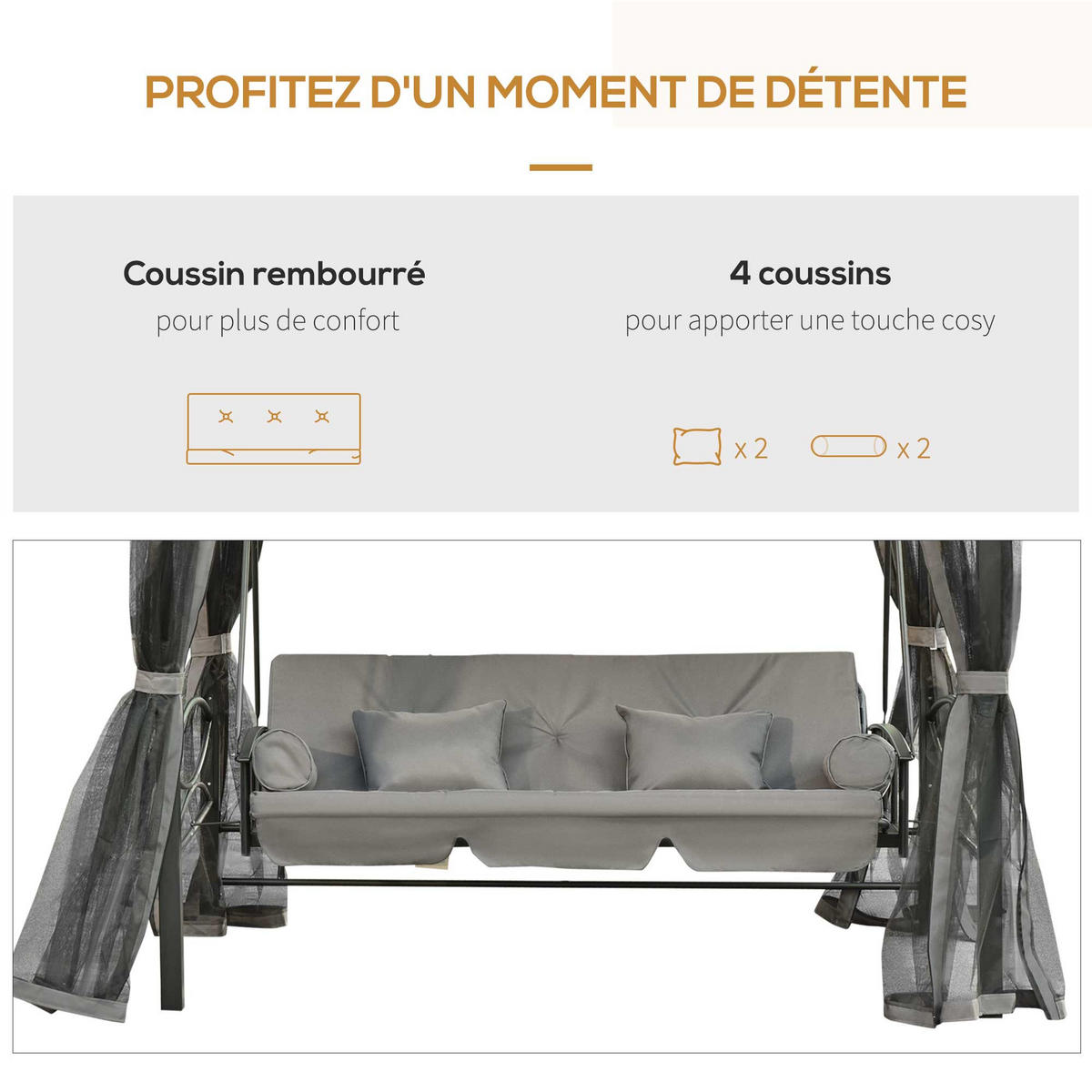 HOLLYWOODSCHAUKEL DE-15242 konvertierbar mit Moskitonetz Grau - Grau, Metall (172/248/256cm) - ComfortXL
