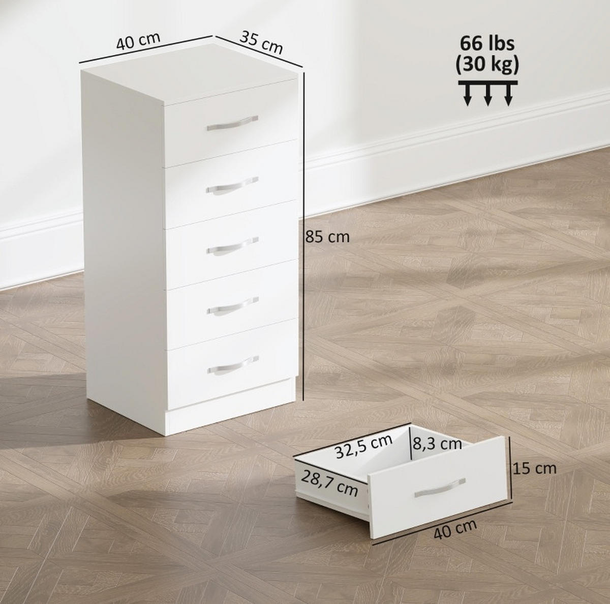 KOMMODE 40/35/85 cm aus Holzwerkstoff mit 5 Schubladen Weiß - Weiß, Holz (40/85/35cm) - Modenvie