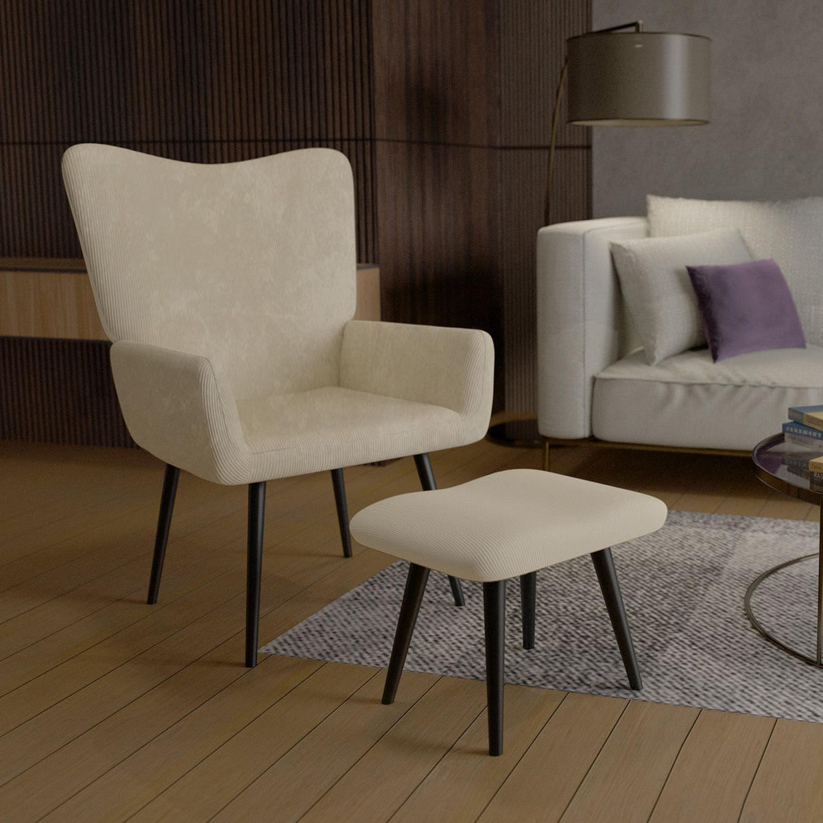 OHRENSESSEL Odense mit Hocker Cord Beige - Beige, Textil (68/95/73cm) - Juskys