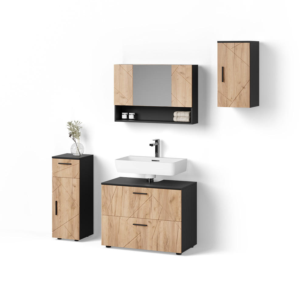 BADMÖBEL-SET Ronco Goldkraft Eiche/Anthrazit 4 Teile - Anthrazit/Eiche Wotan, Holzwerkstoff (41/80/58cm) - Livinity®