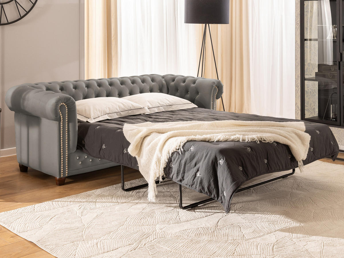 CHESTERFIELD-SOFA 3-Sitzer mit Schlaffunktion Cleo Blink Grau Samt mit Kristallsteppung und braunen Massivholzfüßen - Braun/Grau, Holz/Textil (203/72/86cm) - S-Style Möbel