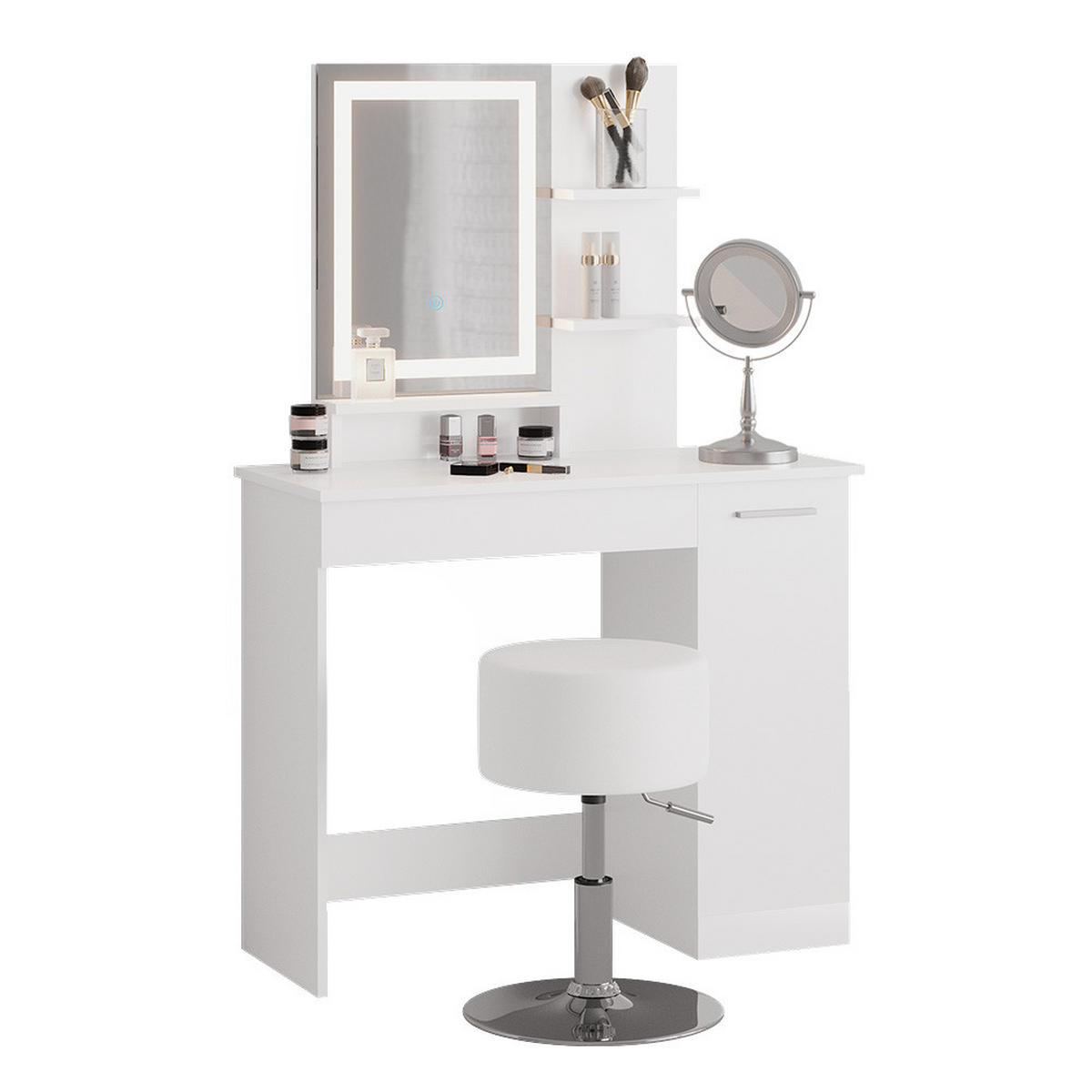 SCHMINKTISCH Julia Weiß 90 cm mit LED-Spiegel und Hocker - Weiß, Holzwerkstoff (90/137.5/38cm) - Vicco