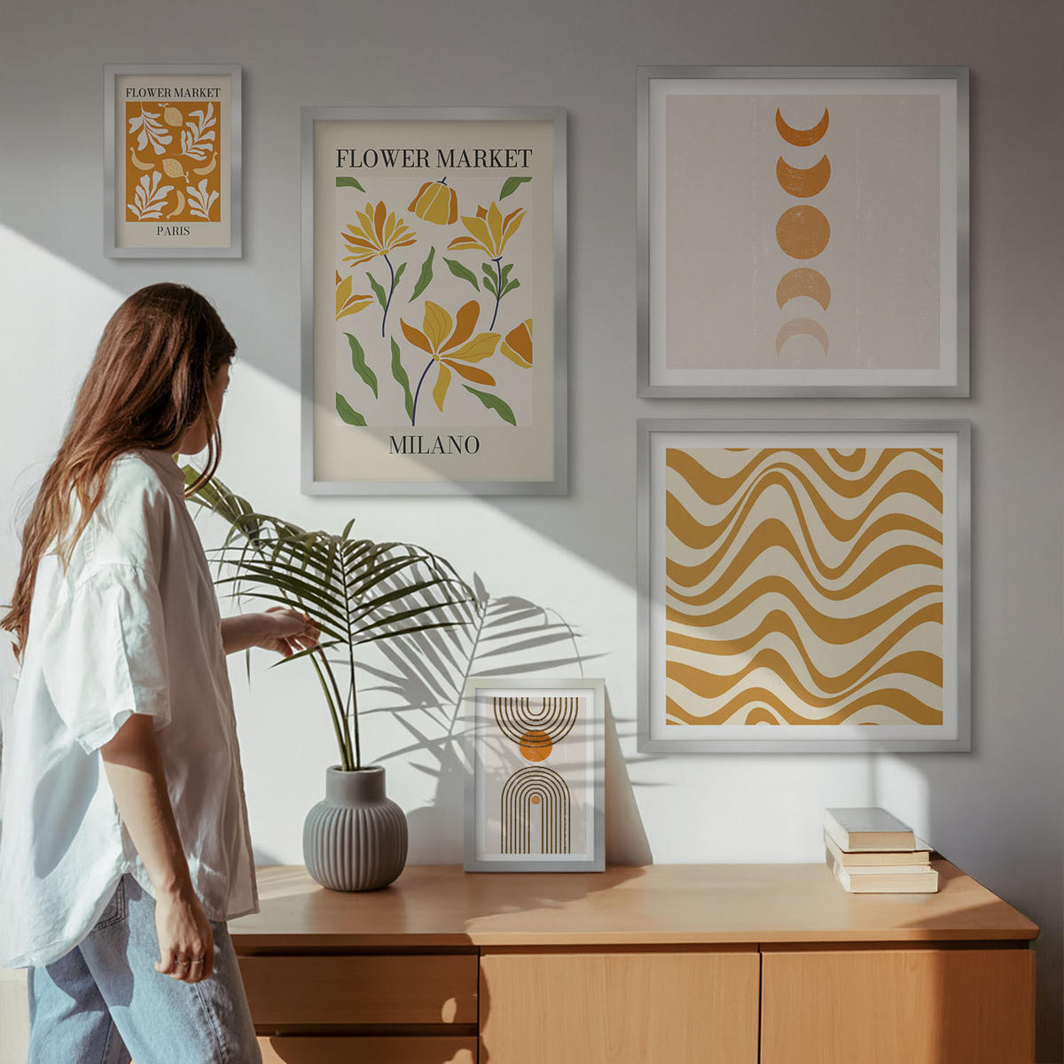 BILDER SET 5er Set - 50x50 cm & 20x30 cm & 40x60 cm Silberner Rahmen - Geometrische Pflanzenmuster - Silberfarben, Kunststoff (40/60cm) - TULUP