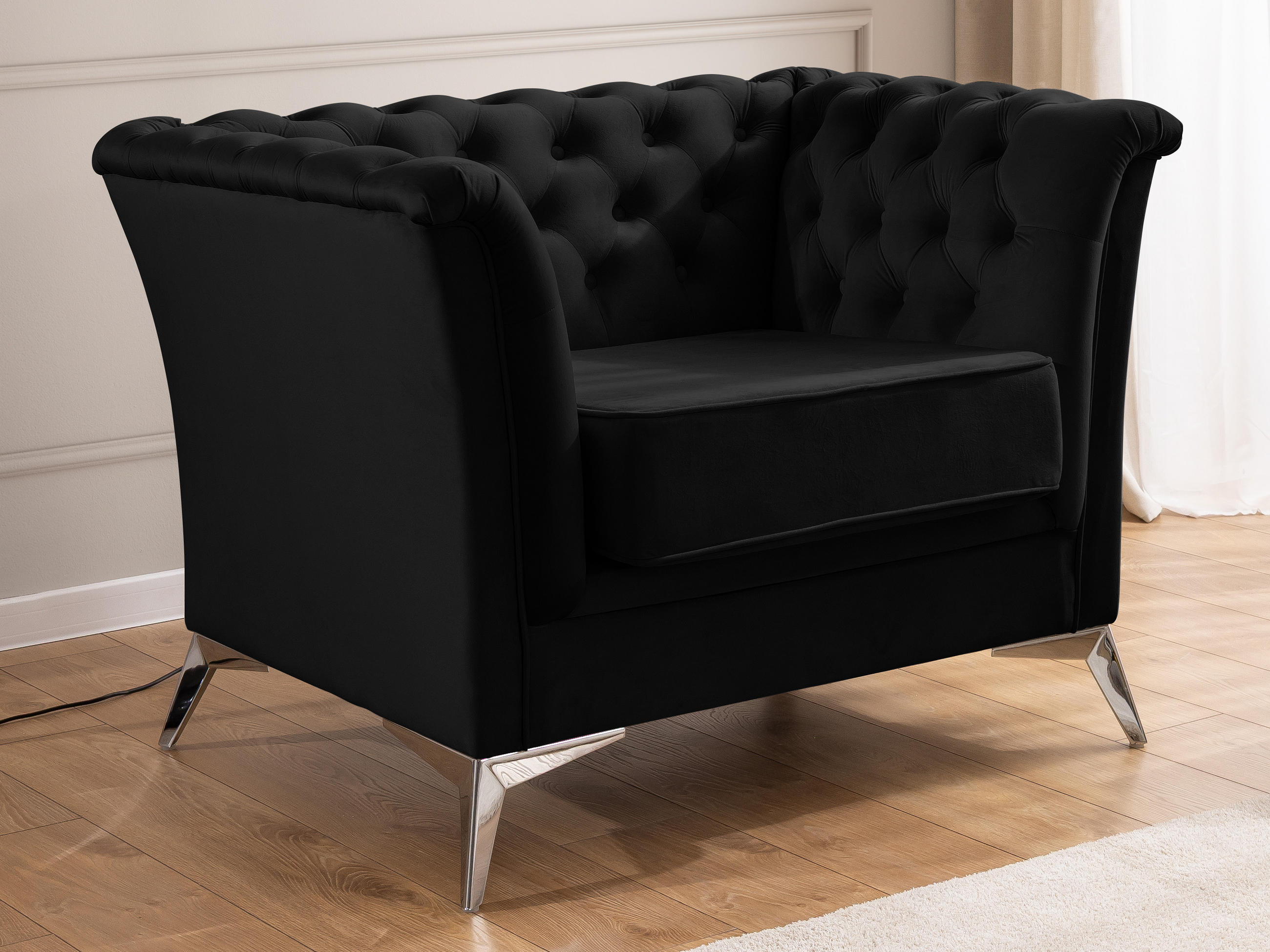 CHESTERFIELD-SESSEL Whitby Schwarz Samt mit silbernen Füßen - Silberfarben/Schwarz, Holz/Textil (116/78/82cm) - S-Style Möbel