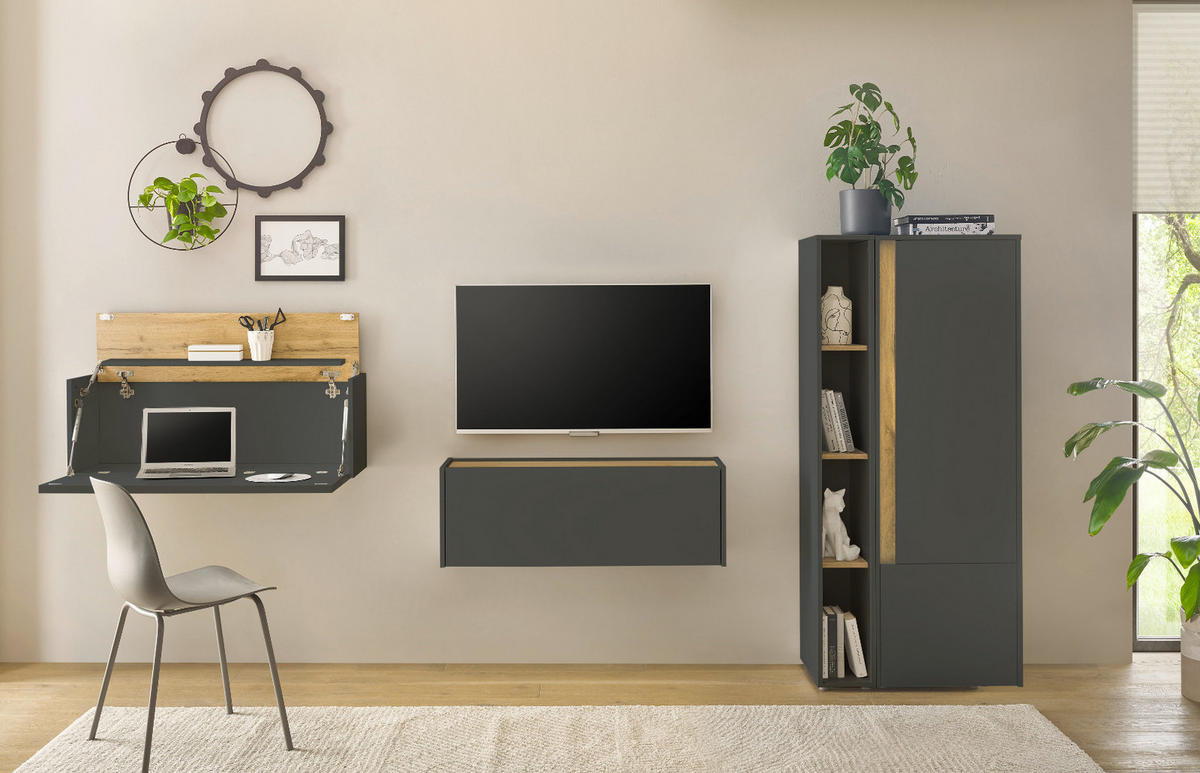 WOHNWAND grau matt , Eiche Wotan 4-teilig 310 cm, Wohnzimmer Schränke mit Sekretär - Eiche Wotan/Grau, Holzwerkstoff/Kunststoff (310/170/40cm) - Furn.Design