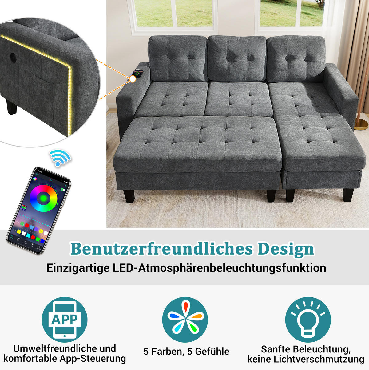 ECKSOFA 185/135/85 cm mit Schlaffunktion Antique Gray aus Chenille mit LED und USB - Grau, Kunststoff (135/185cm) - OKWISH