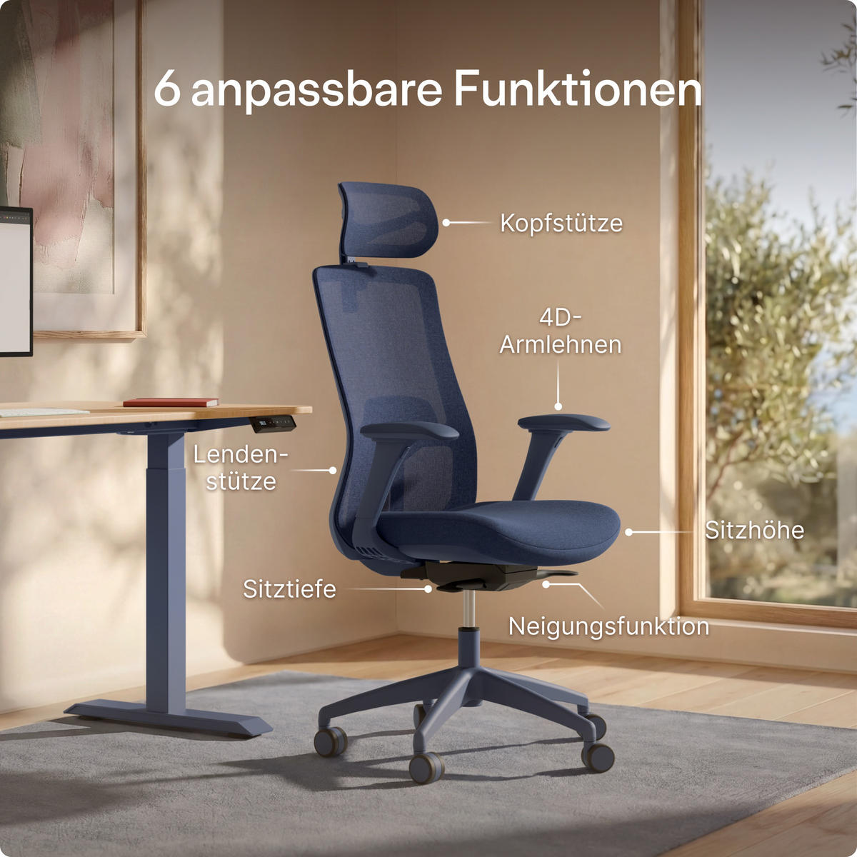 BÜROSTUHL Verstellbarer Ergonomischer SitOne Blau 4-Dimensional Armlehne, Integrierte 4-Wege-Lendenwirbelstütze - Blau, Kunststoff (60/125/68cm) - Desktronic