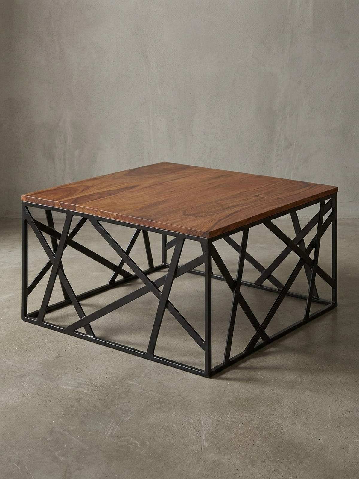 COUCHTISCH Industrial Stil, Sheesham Holz, Schwarzes Metallgestell, 60x60 cm - Schwarz/Braun, Holz/Metall (60/60/35cm) - KADIMA DESIGN
