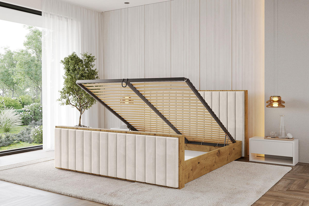 POLSTERBETT mit Bettkasten, Fußteil und Lattenrost, Boxbett ohne Matratze - ENZO4-Z 200x200 Beige - Beige, Holzwerkstoff/Textil (200/200cm) - ALTDECOR