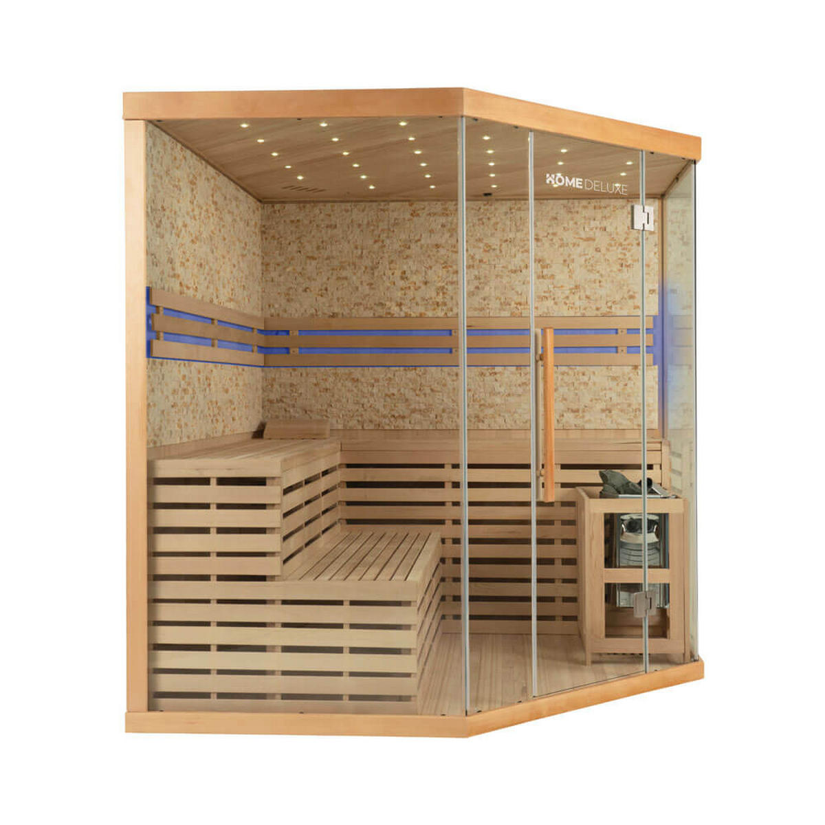 TRADITIONELLE Sauna mit Kunststeinwand SKYLINE BIG XL - 200 x 200 cm für 6 Personen - Naturfarben, Holz (200/210/200cm) - Home Deluxe