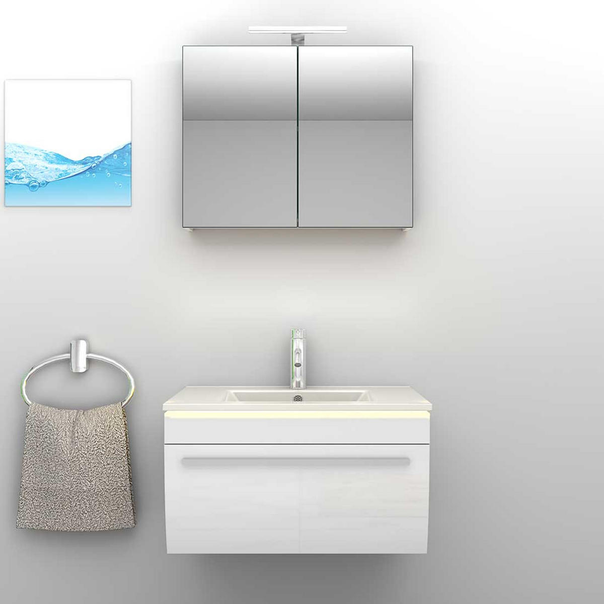 BADMÖBEL Set Gently 3 V1 Weiß MDF Waschtisch 70cm mit 1x 5W LED-Strahler - Weiß, Glas/Kunststoff (46/52/60cm) - AcquaVapore by Sandra Jentho