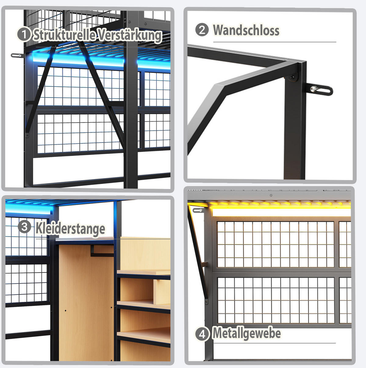 HOCHBETT 140/200 cm Schwarz aus MDF und Metall mit Stauraum - Schwarz, Metall (140/200cm) - OKMYHOME