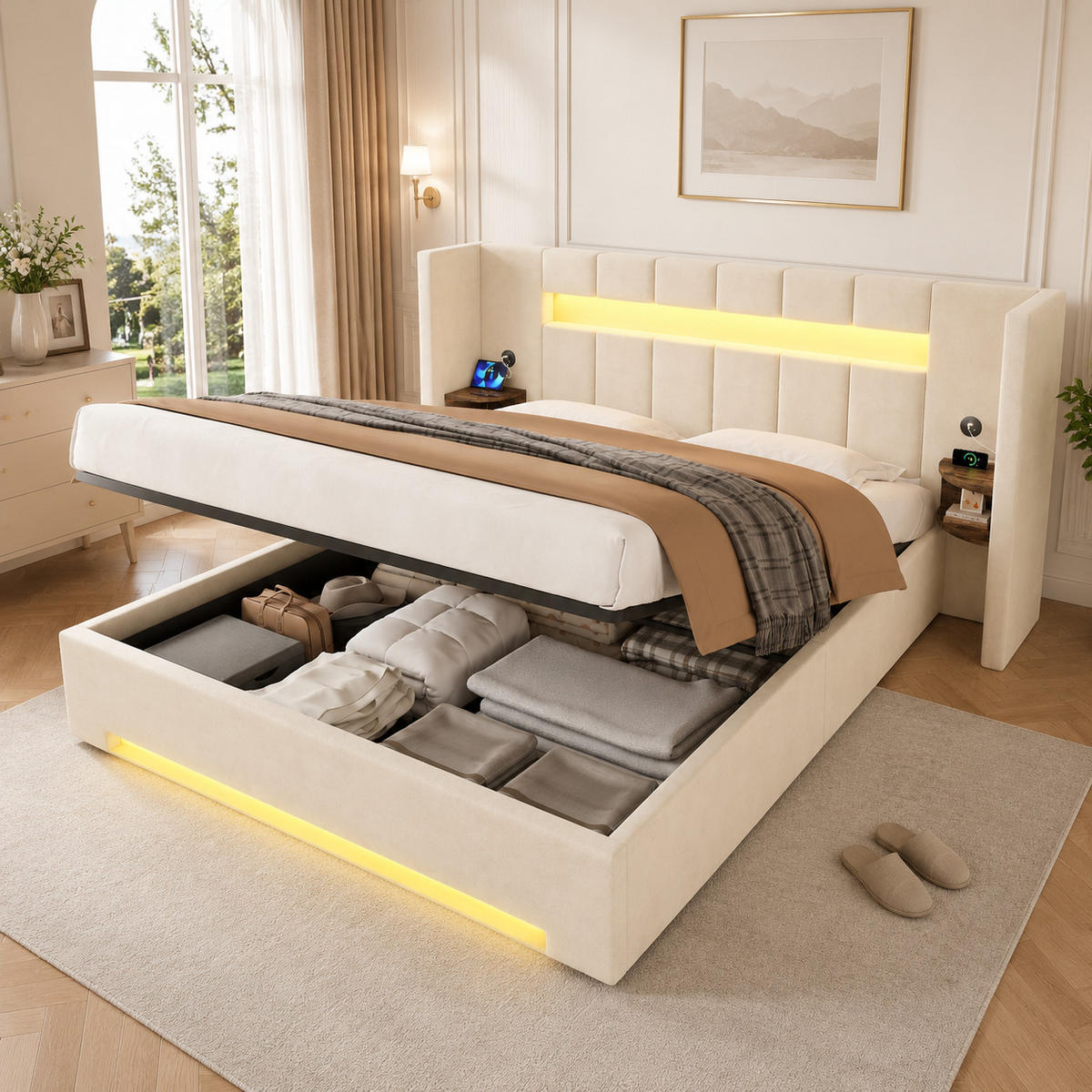 POLSTERBETT 160/200 cm in Beige mit Stauraum, LED und USB Samt - Beige, Holzwerkstoff/Textil (160/200cm) - STILVORA