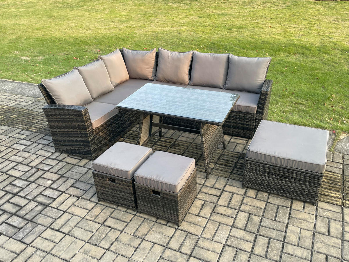 GARTENLOUNGE mit Ecksofa Polyrattan Dunkelgrau 9-Sitzer - Dunkelgrau/Grau, Glas/Kunststoff - Fimous