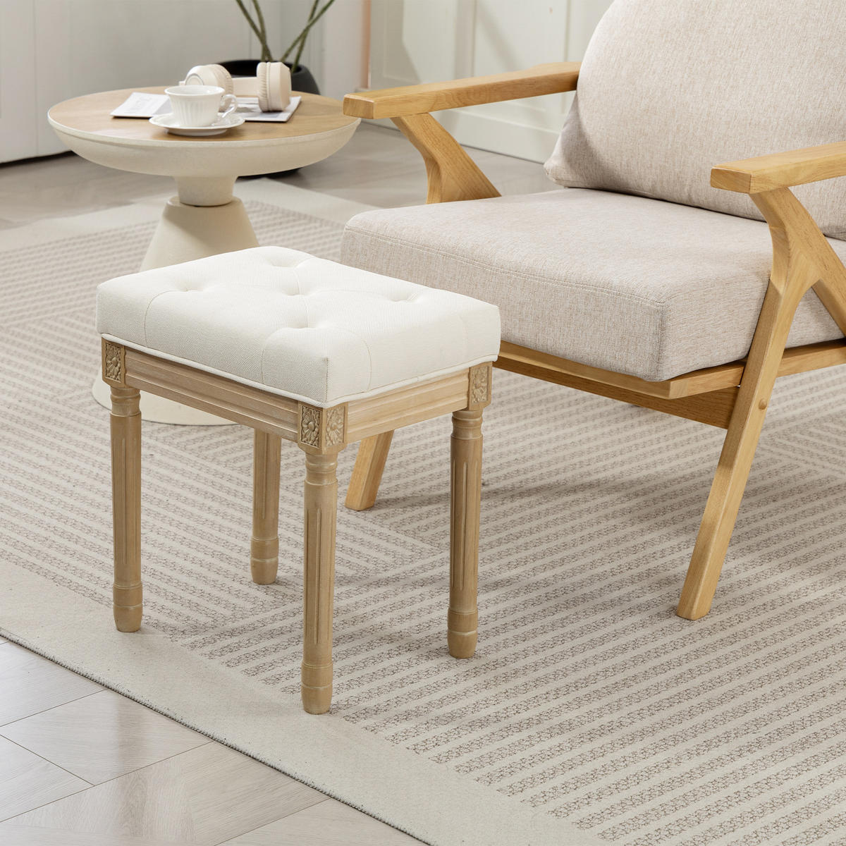 SITZHOCKER Polyester Gummiholz Beige - Beige/Naturfarben, Textil (32/46.5/42cm) - HOMCOM