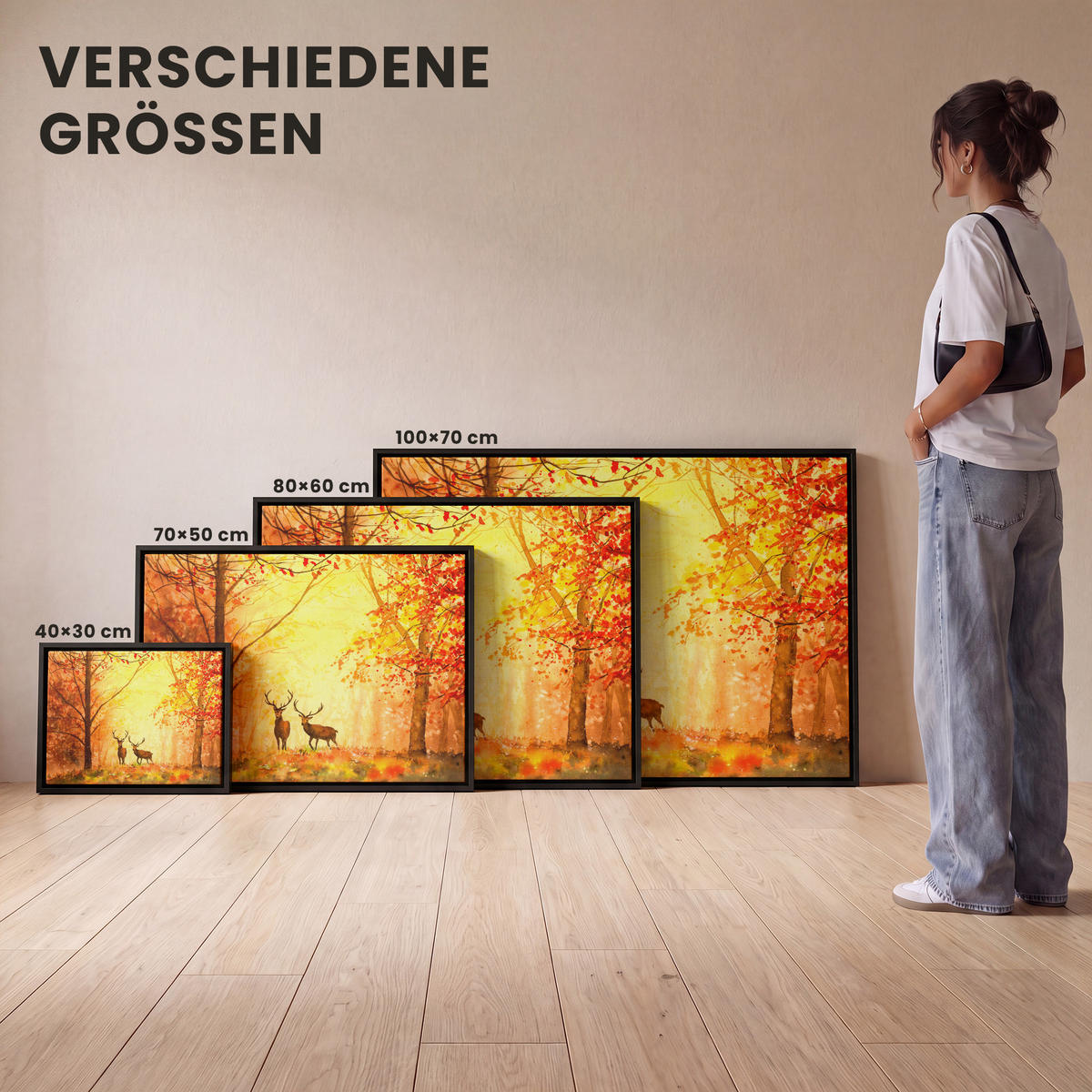 LEINWAND Bilder mit Rahmen - Natur - Ölfarbe - Hirsche - Tiere - Herbst - Orange - 100x70 - Orange, Textil (100/70cm) - MuchoWow
