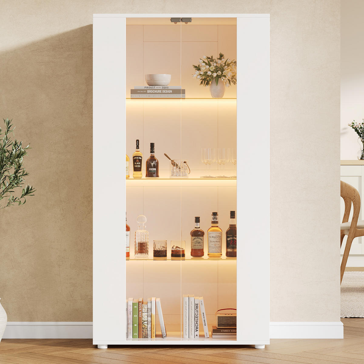 VITRINE 80x36x150 cm Weiß mit LED und 2 Türen - Weiß, Holzwerkstoff (80/150/36cm) - FLIEKS