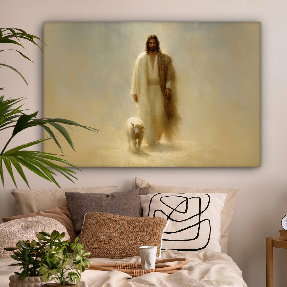 LEINWANDBILD Schaf - Jesus - Pinselstriche - Abstrakt Groß 140x90 cm - Sandfarben, Textil (140/90cm) - MuchoWow