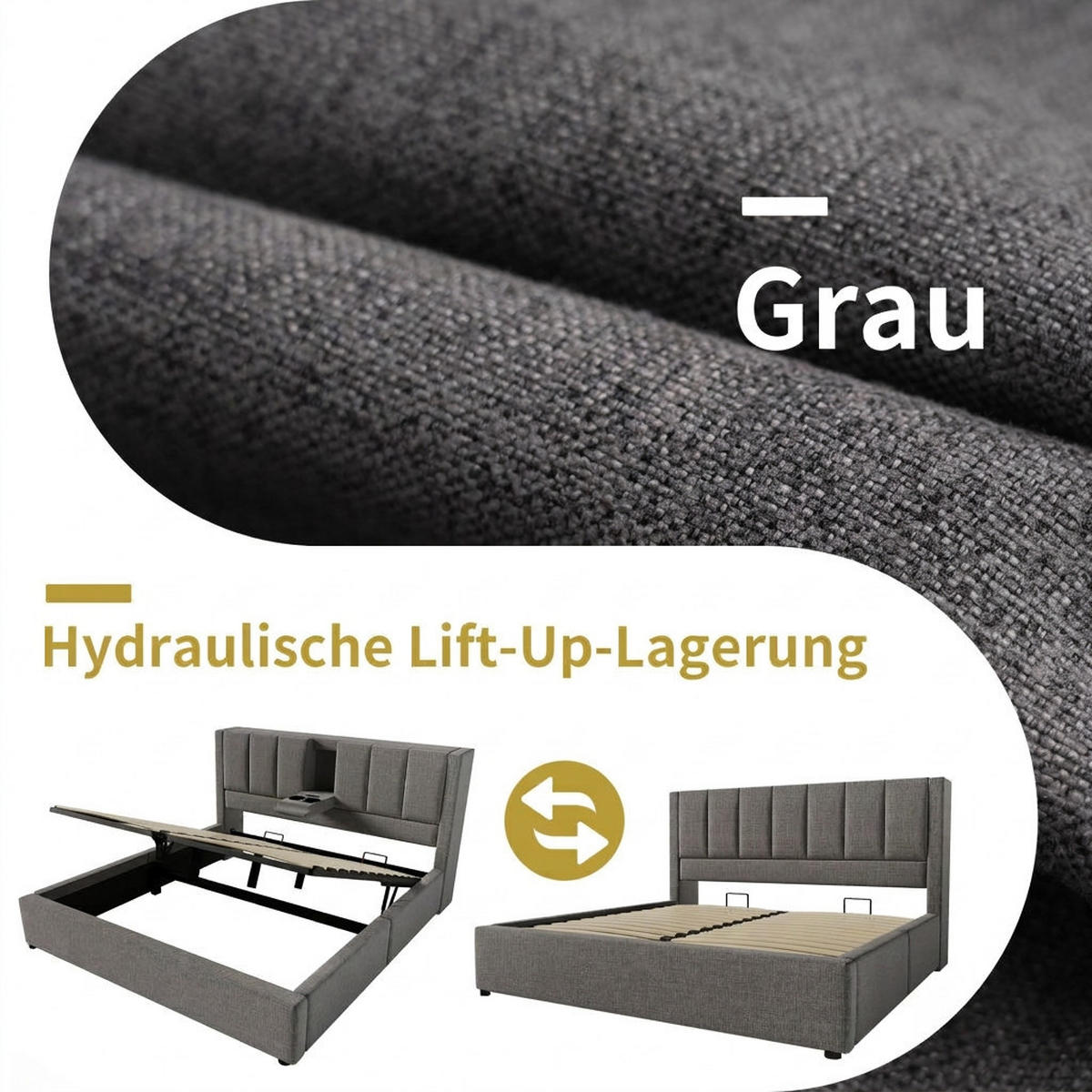 POLSTERBETT 140/190 cm Grau mit verstecktem Becherhalter und Ladestation (Ohne Matratze) - Grau, Textil (140/190cm) - Oxeza