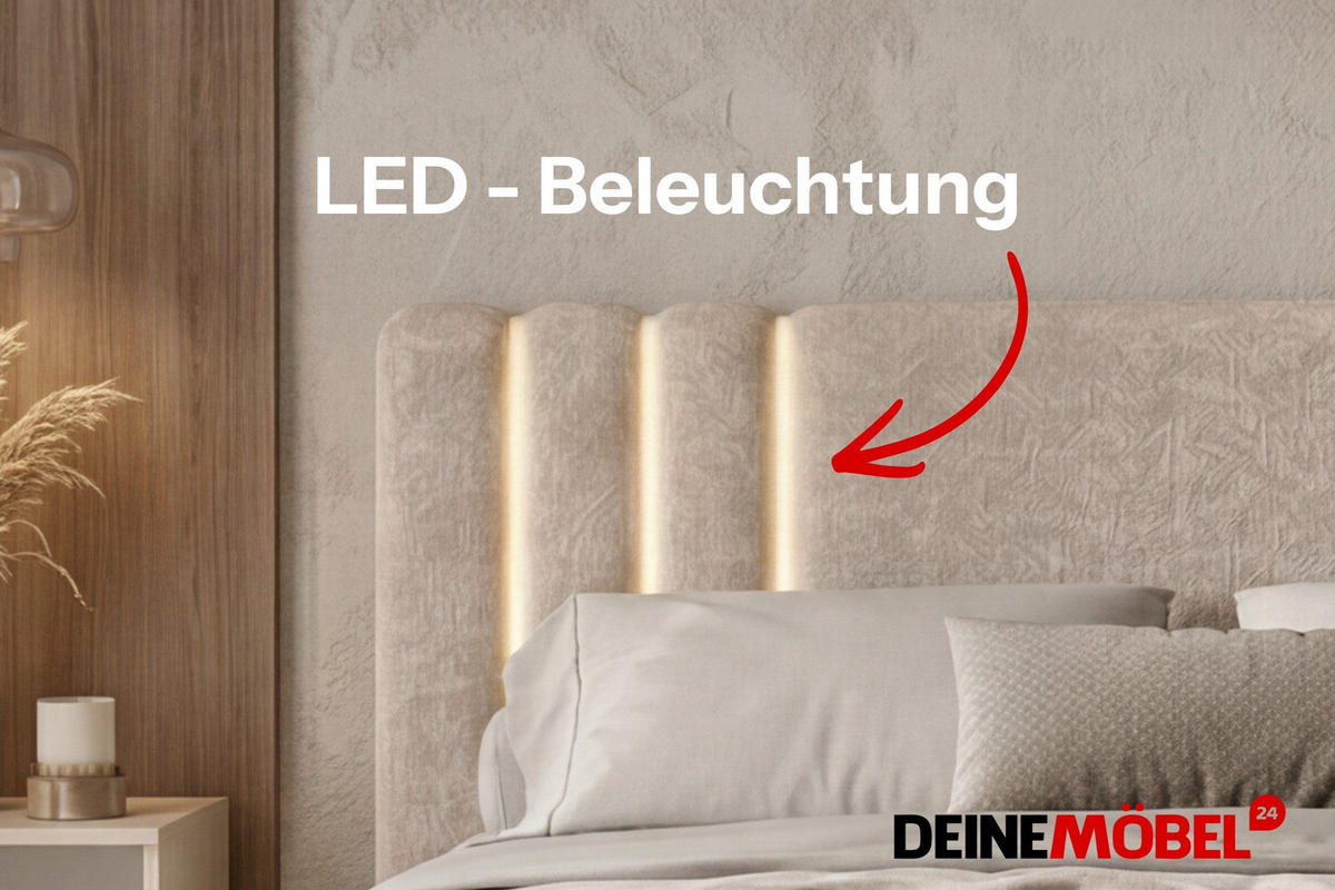 POLSTERBETT JASMIN 180/200 cm in Chenille Beige mit Bettkasten und LED - Beige, Holz/Holzwerkstoff (180/200cm) - Deine Möbel 24
