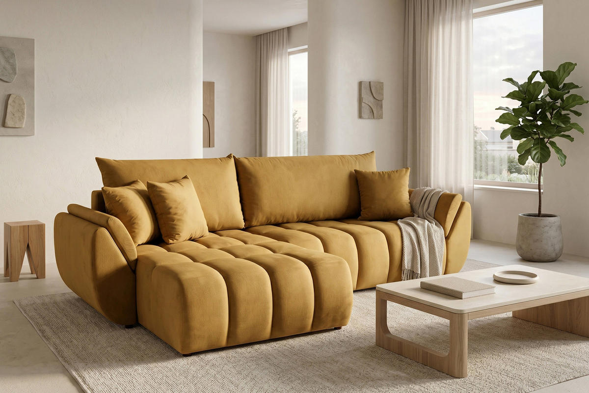 ECKSOFA Iris mit Schlaffunktion und Bettkasten, links oder rechts montierbar – Senfgelb Samt 280/184/85 cm - Dunkelgelb/Schwarz, Kunststoff/Textil (280/184cm) - WFL GROUP