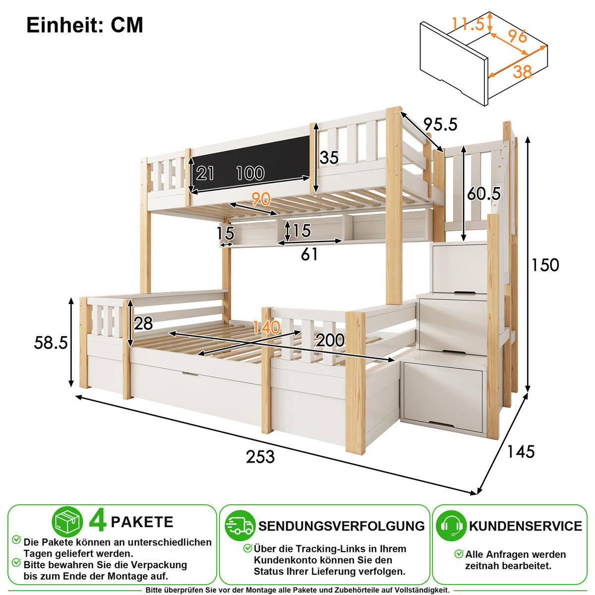 PATROVÁ POSTEL 90/200 cm & 140/200 cm v bílé a přírodní barvě s úložným prostorem - bílá/přírodní, dřevo/kompozitní dřevo (140/200cm) - CHICFURN