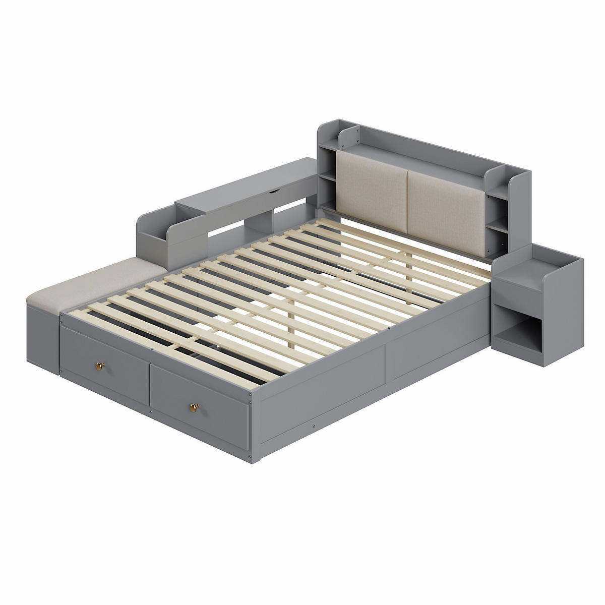 KOMBIBETT Massivholz 140/200 cm grau mit gepolstertem Kopfteil und Stauraum - Grau, Holz (140/200cm) - OKWISH