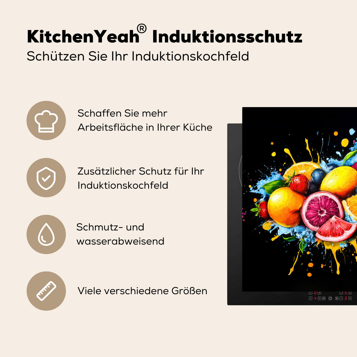 HERDABDECKPLATTE Obst - Graffiti - Bunt - Orange - Erdbeere - Abstrakt 78x78 cm - Orange, Kunststoff (78/78/0.2cm) - MuchoWow