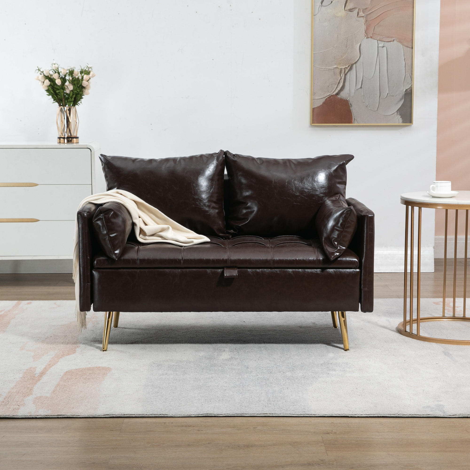 SOFA Sysmä - Dunkelbraun/Goldfarben, Holz/Metall (122/72/65cm) - [en.casa]
