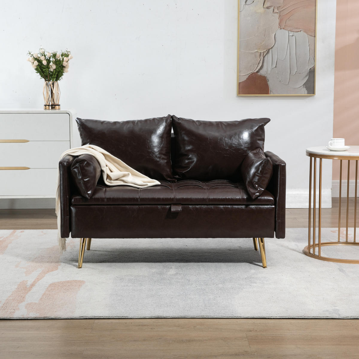 SOFA Sysmä - Dunkelbraun/Goldfarben, Holz/Metall (122/72/65cm) - [en.casa]