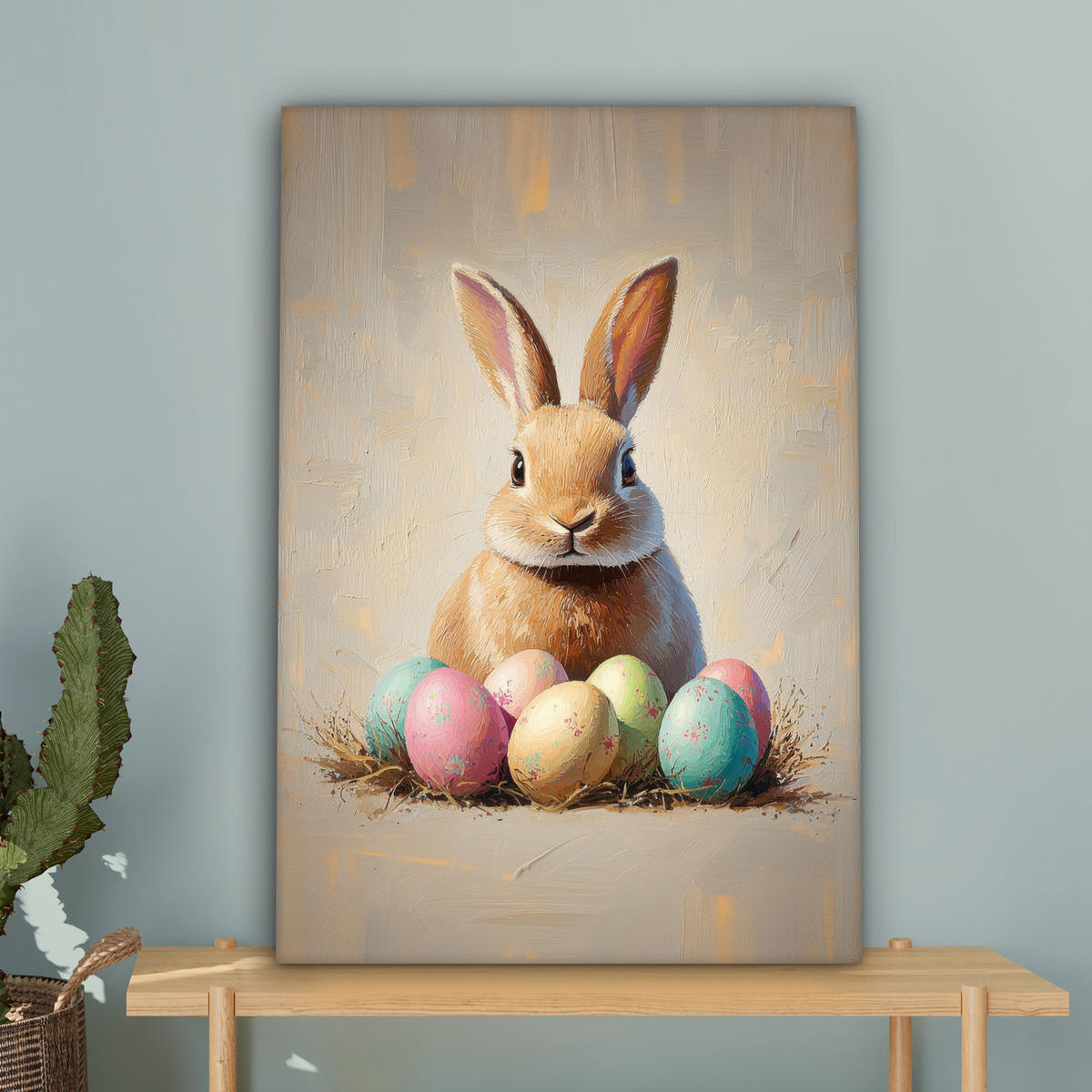 LEINWANDBILD Osterhase - Pastell - Eier Wanddeko Schlafzimmer 60x90 cm - Beige, Textil (60/90cm) - MuchoWow