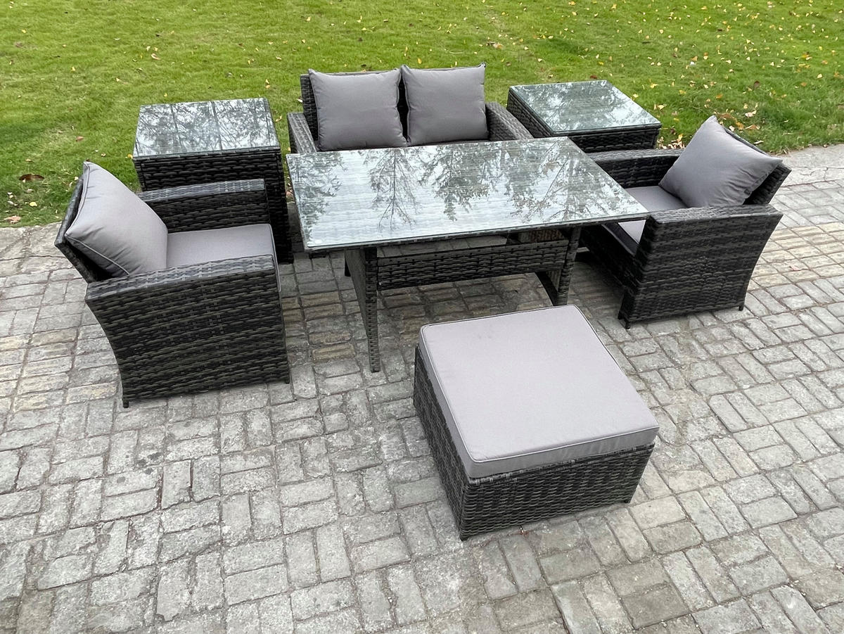 GARTENMÖBELSET mit 2 Sesseln,Zweisitzer,Fußhocker,Esstisch,2 Beistelltischen Polyrattan Dunkelgrau 5-Sitzer - Dunkelgrau/Grau, Glas/Kunststoff - Fimous