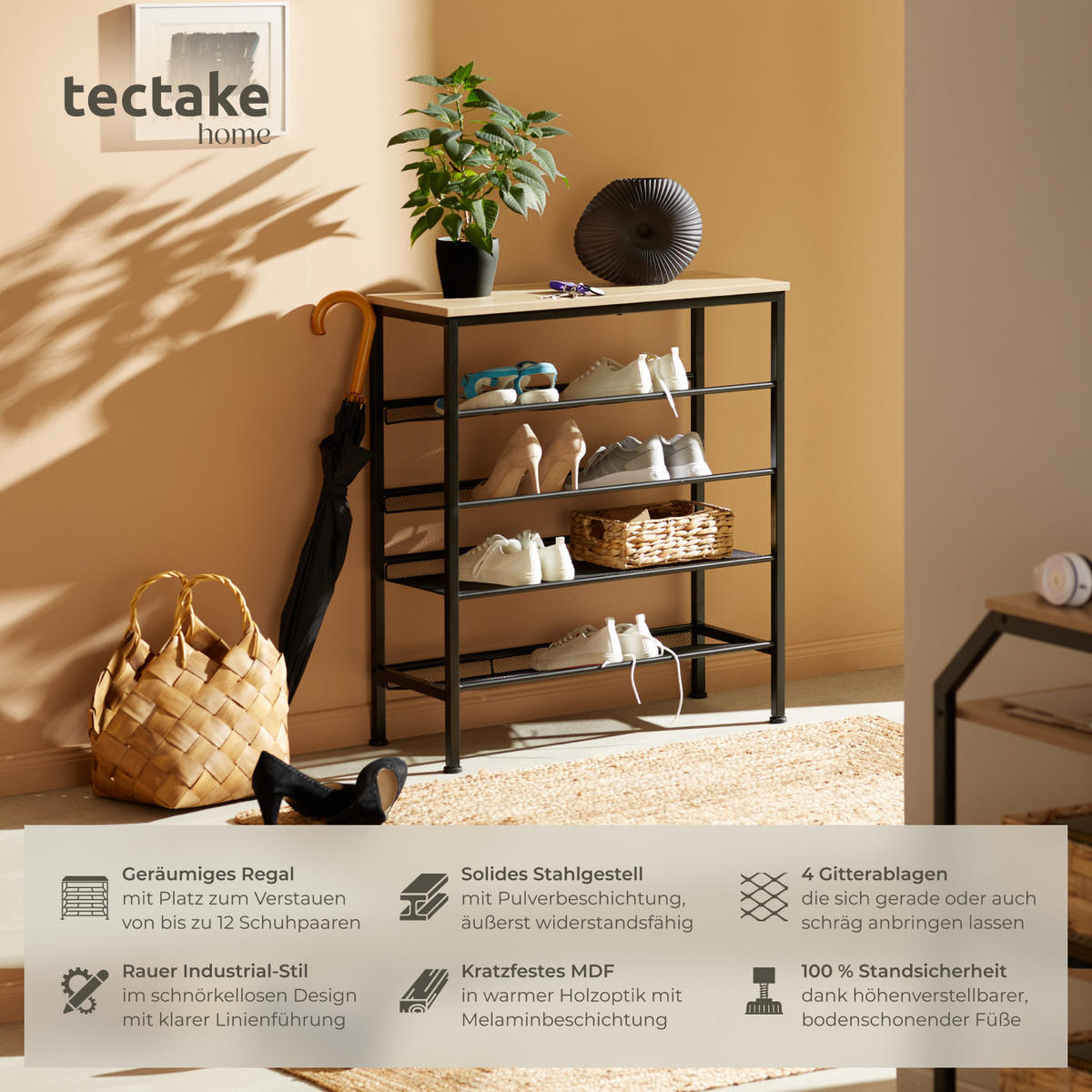 SCHUHREGAL Bournemouth,75,5 x 30,5 x 85,5 cm,Industrial Holz hell, Eiche Sonoma - Naturfarben, Holz (30.5/85.5/75.5cm) - tectake