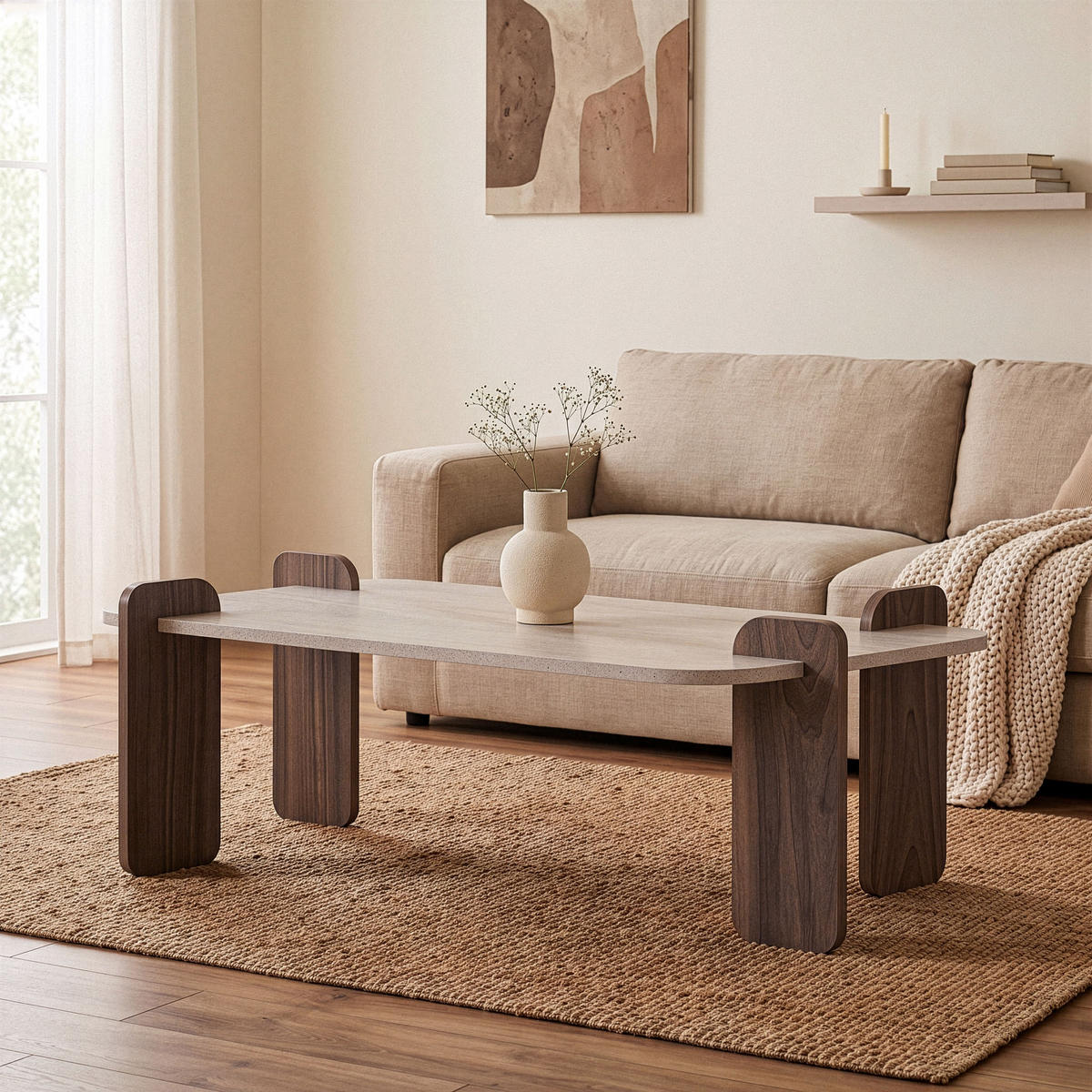 COUCHTISCH mit abgerundeten Kanten 120/60/35 cm - Beige, Holzwerkstoff (120/60/35cm) - Calicosy
