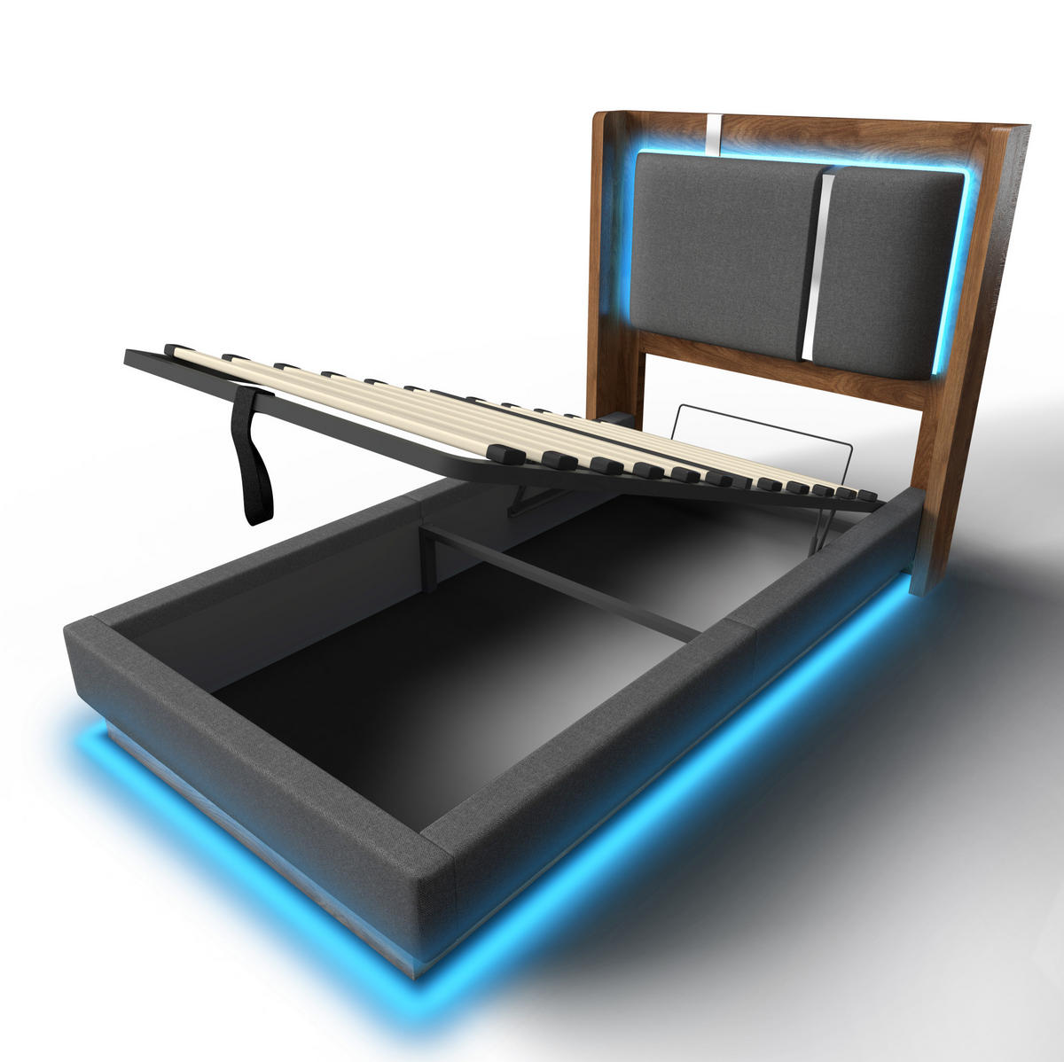STAURAUMBETT 90/200 cm mit LED, Hydraulik und Bettkasten ohne Matratze - Grau, Textil (90/200cm) - MIVRAY