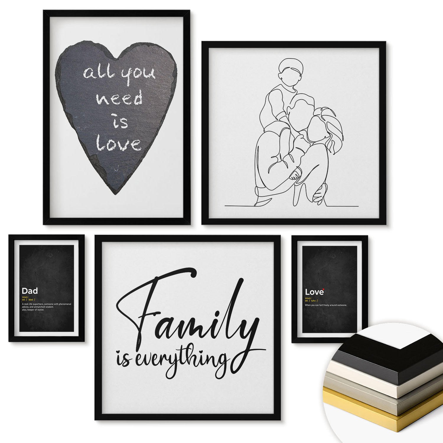 WANDBILDER 5er-Set - 50x50 cm & 20x30 cm & 40x60 cm Schwarzer Rahmen - Definitionen der Liebe in Familienzeichnungen - Schwarz, Kunststoff (40/60cm) - ArtPrintCave