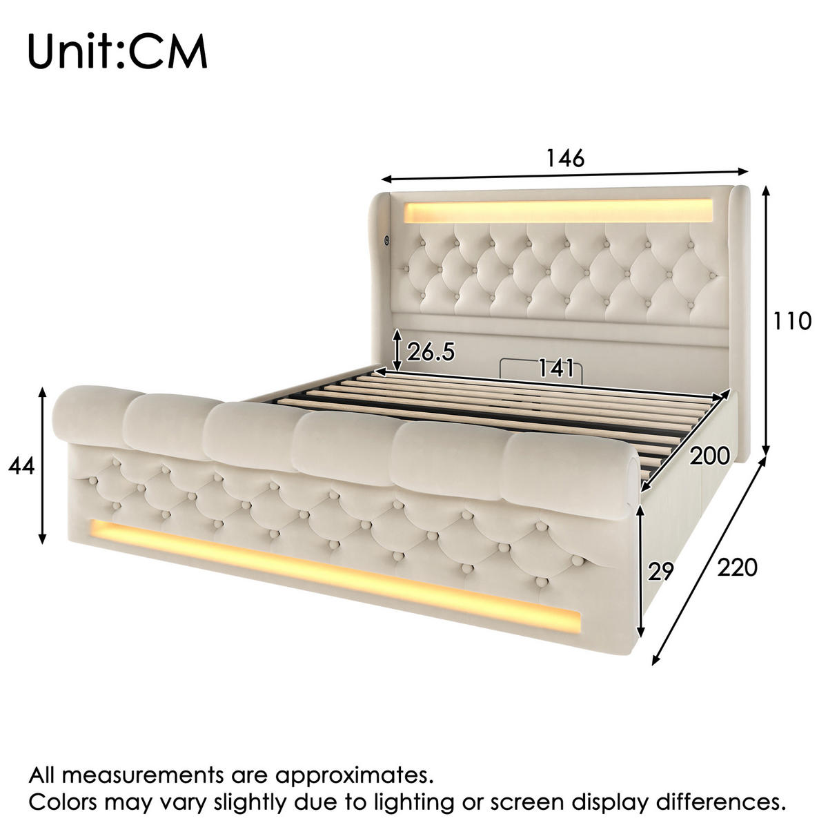 ČALÚNENÁ posteľ 140/200 cm s LED osvetlením, USB a Type-C nabíjaním, hydraulickým úložným priestorom a matracom, Béžová - béžová, textil (140/200cm) - Redom